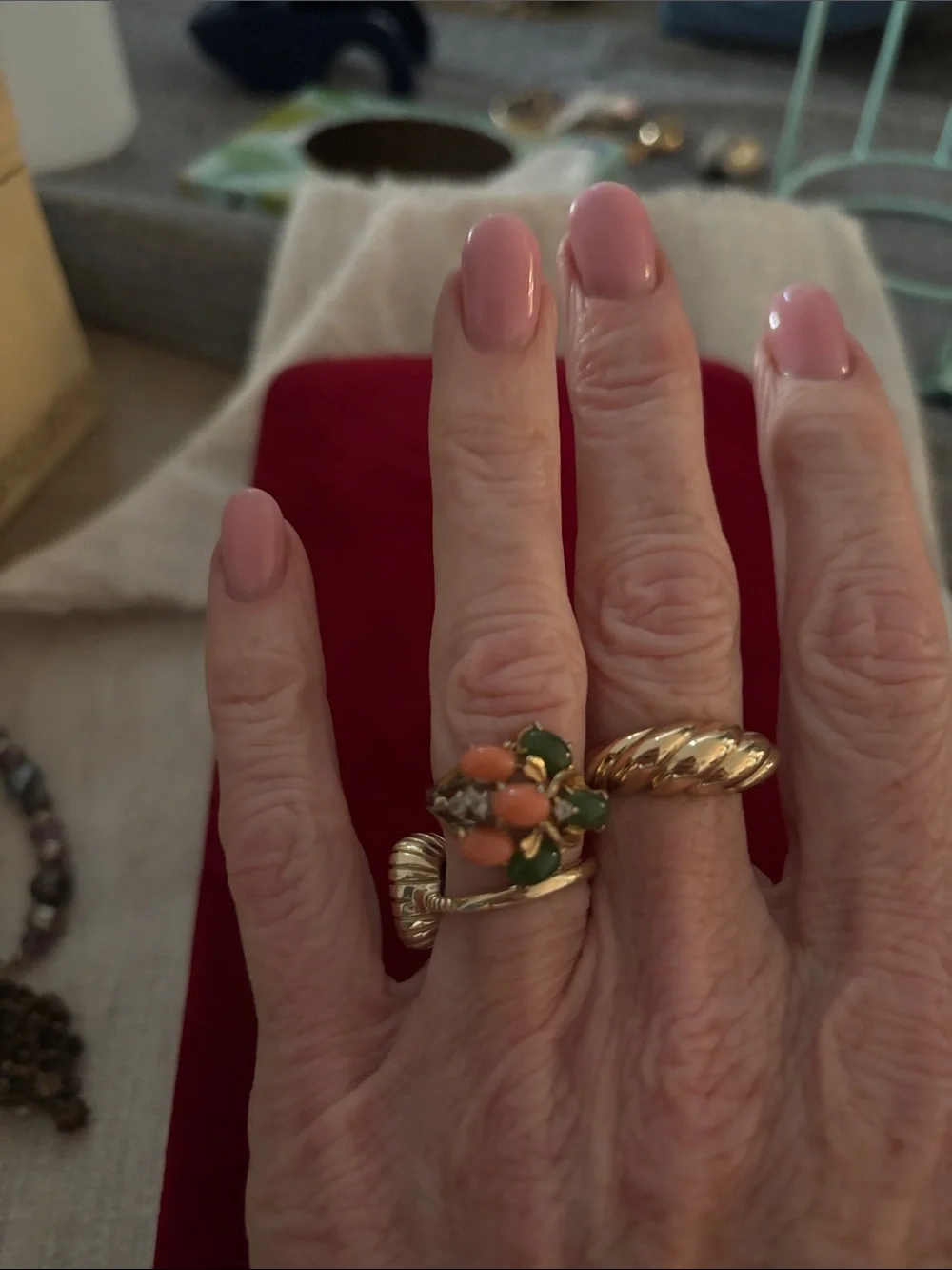 Jade and Coral vintage gold fill ring estimated size 6 with diamond chips